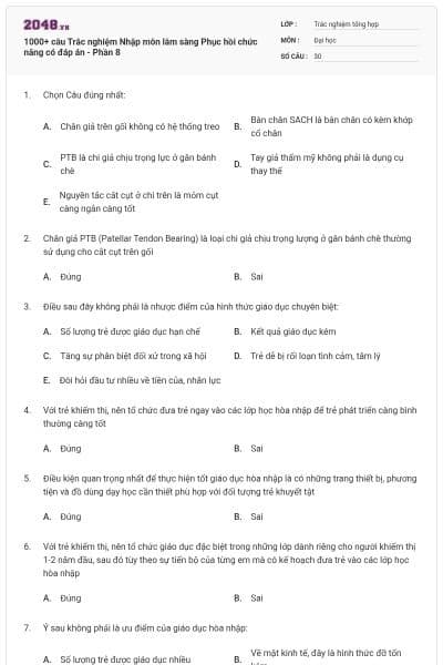 1000+ câu Trắc nghiệm Nhập môn lâm sàng Phục hồi chức năng có đáp án - Phần 8