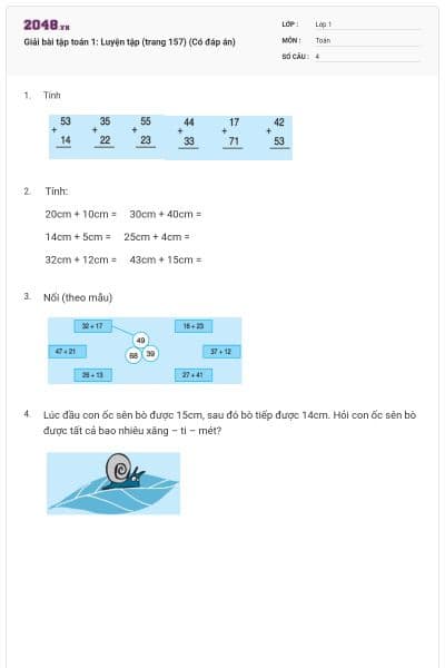 Giải bài tập toán 1: Luyện tập (trang 157) (Có đáp án)