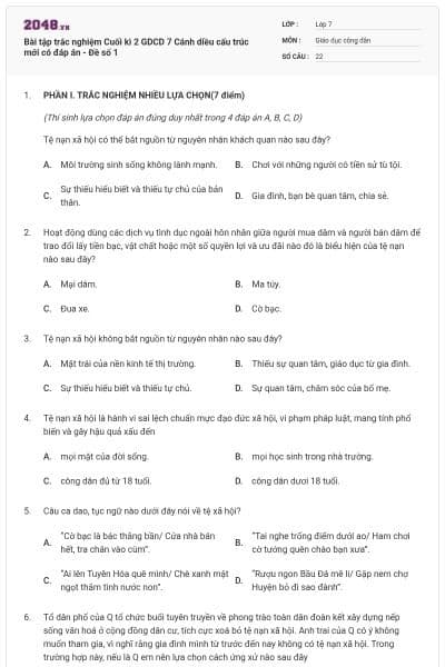 Bài tập trắc nghiệm Cuối kì 2 GDCD 7 Cánh diều cấu trúc mới có đáp án - Đề số 1