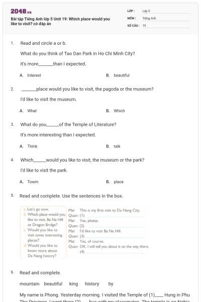 Bài tập Tiếng Anh lớp 5 Unit 19: Which place would you like to visit? có đáp án