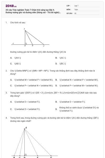 20 câu Trắc nghiệm Toán 7 Chân trời sáng tạo Bài 4. Đường vuông góc và đường xiên (Đúng sai - Trả lời ngắn) có đáp án