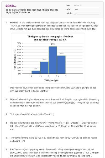 Đề thi thử vào 10 môn Toán năm 2026 Phường Thái Hòa (Nghệ An) lần 3 có đáp án