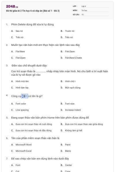 Đề thi giữa kì 2 Tin học 6 có đáp án (Bài số 1 - Đề 3)