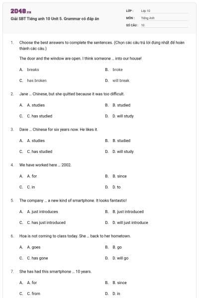Giải SBT Tiếng anh 10 Unit 5. Grammar có đáp án