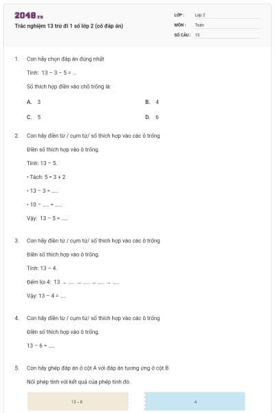 Trắc nghiệm 13 trừ đi 1 số lớp 2 (có đáp án)