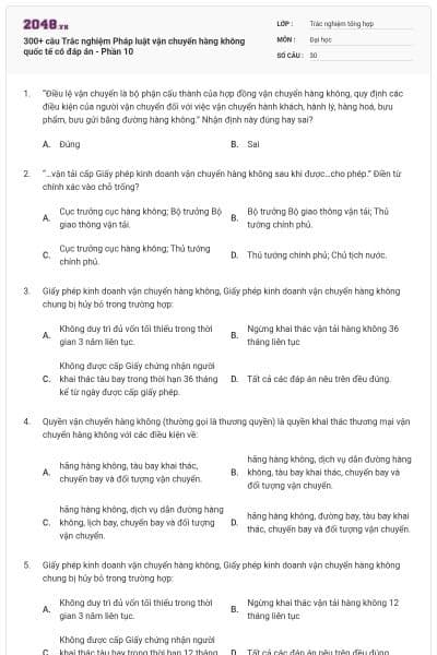300+ câu Trắc nghiệm Pháp luật vận chuyển hàng không quốc tế có đáp án - Phần 10