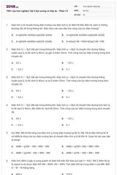 700+ câu trắc nghiệm Vật lí đại cương có đáp án - Phần 15