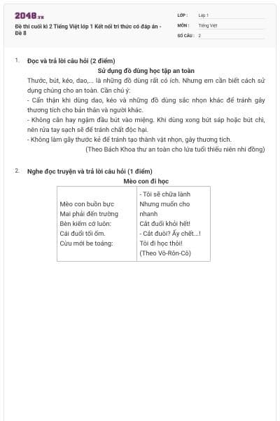 Đề thi cuối kì 2 Tiếng Việt lớp 1 Kết nối tri thức có đáp án - Đề 8