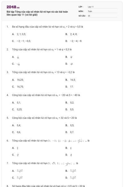 Bài tập Tổng của cấp số nhân lùi vô hạn và các bài toán liên quan lớp 11 (có lời giải)