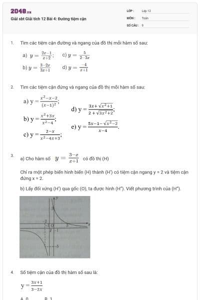 Giải sbt Giải tích 12 Bài 4: Đường tiệm cận