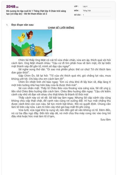 Đề cương ôn tập cuối kì 1 Tiếng Việt lớp 4 Chân trời sáng tạo (có đáp án) - Đề thi tham khảo số 2