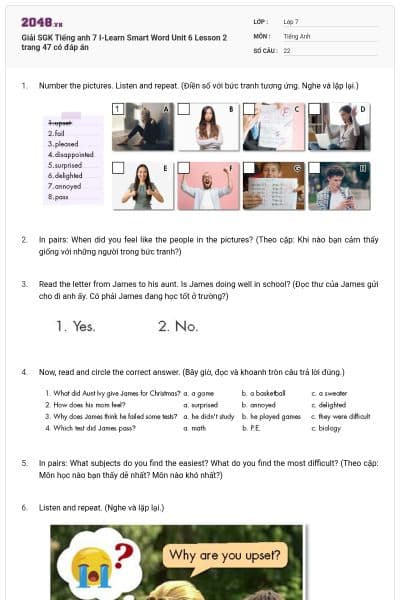 Giải SGK Tiếng anh 7 I-Learn Smart Word Unit 6 Lesson 2 trang 47 có đáp án