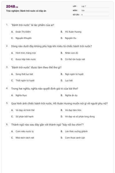 Trắc nghiệm: Bánh trôi nước có đáp án