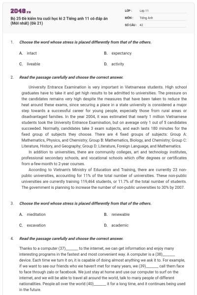 Bộ 25 Đề kiểm tra cuối học kì 2 Tiếng anh 11 có đáp án (Mới nhất) (Đề 21)
