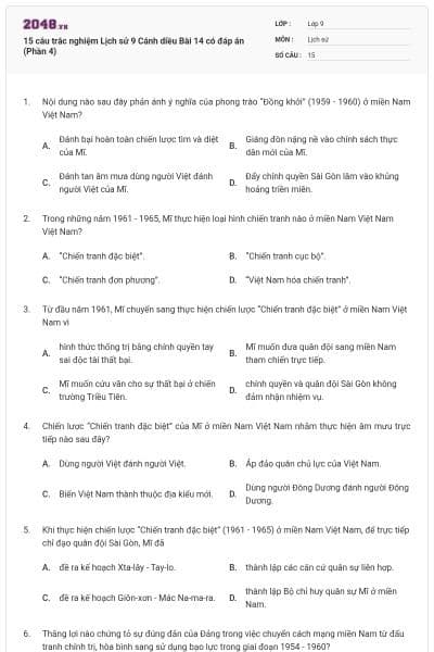 15 câu trắc nghiệm Lịch sử 9 Cánh diều Bài 14 có đáp án (Phần 4)