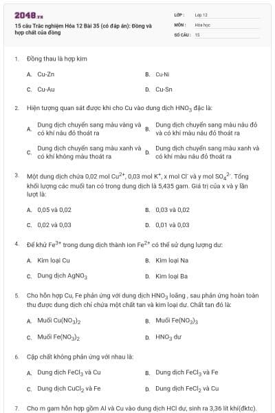 15 câu Trắc nghiệm Hóa 12 Bài 35 (có đáp án): Đồng và hợp chất của đồng