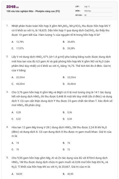 100 câu trắc nghiệm Nito - Photpho nâng cao (P2)