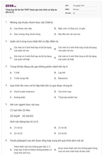Tổng hợp đề thi thử THPT Quốc gia môn Sinh có đáp án (Đề số 4)