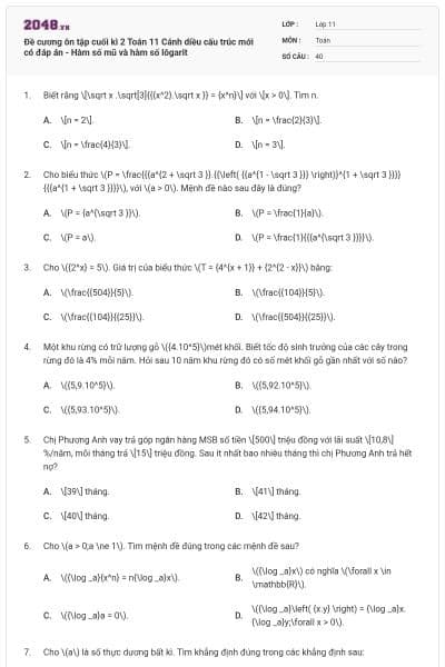 Đề cương ôn tập cuối kì 2 Toán 11 Cánh diều cấu trúc mới có đáp án - Hàm số mũ và hàm số lôgarit