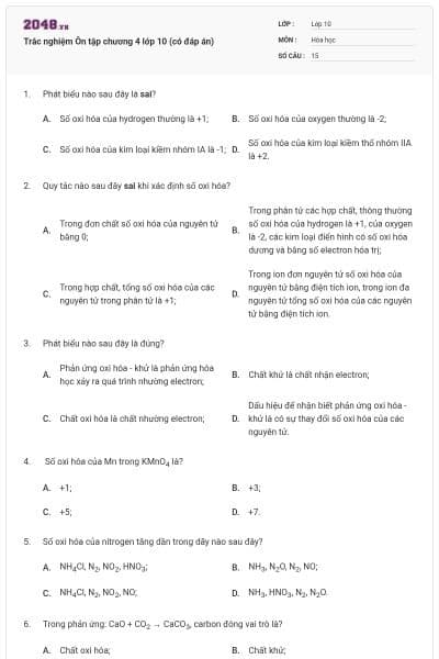 Trắc nghiệm Ôn tập chương 4 lớp 10 (có đáp án)