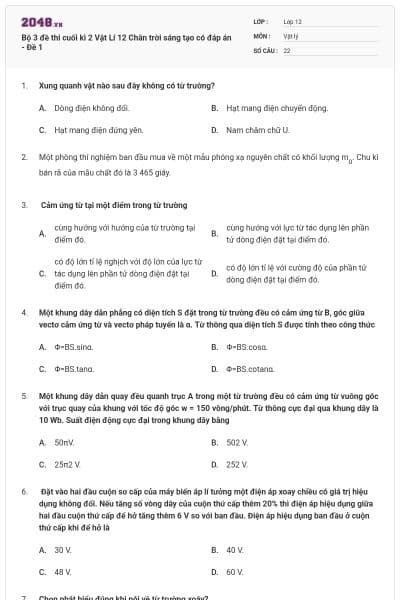 Bộ 3 đề thi cuối kì 2 Vật Lí 12 Chân trời sáng tạo có đáp án - Đề 1