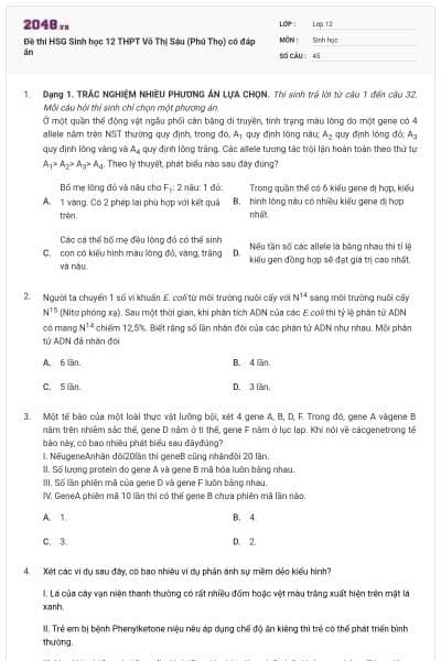 Đề thi HSG Sinh học 12 THPT Võ Thị Sáu (Phú Thọ) có đáp án