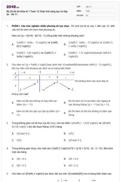 Bộ 20 đề thi Giữa kì 1 Toán 12 Chân trời sáng tạo có đáp án - Đề 11