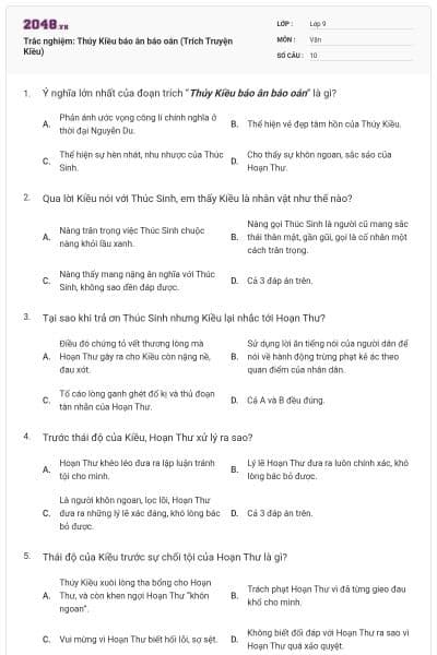 Trắc nghiệm: Thúy Kiều báo ân báo oán (Trích Truyện Kiều)
