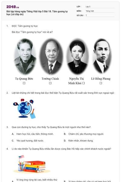 Bài tập hàng ngày Tiếng Việt lớp 5 Bài 18. Tấm gương tự học (có đáp án)
