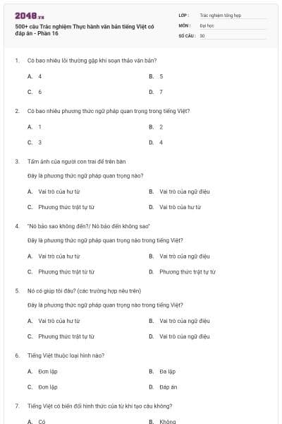 500+ câu Trắc nghiệm Thực hành văn bản tiếng Việt có đáp án - Phần 16
