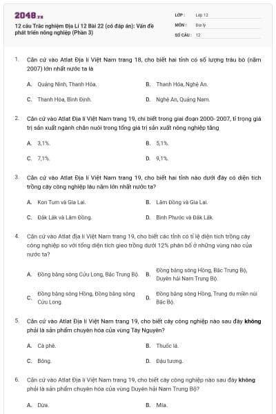 12 câu Trắc nghiệm Địa Lí 12 Bài 22 (có đáp án): Vấn đề phát triển nông nghiệp (Phần 3)