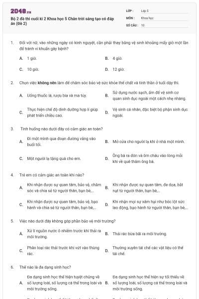 Bộ 2 đề thi cuối kì 2 Khoa học 5 Chân trời sáng tạo có đáp án (Đề 2)