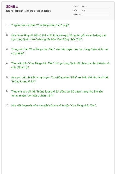 Câu hỏi bài: Con Rồng cháu Tiên có đáp án