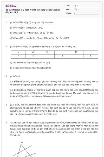 Bộ 5 đề thi giữa kì 2 Toán 7 Chân trời sáng tạo (Tự luận) có đáp án - Đề 2