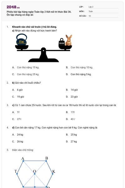 Phiếu bài tập hàng ngày Toán lớp 2 Kết nối tri thức Bài 36. Ôn tập chung có đáp án