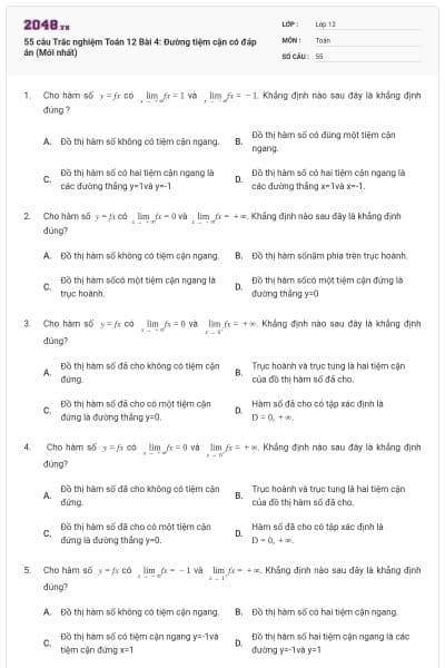 55 câu Trắc nghiệm Toán 12 Bài 4: Đường tiệm cận có đáp án (Mới nhất)