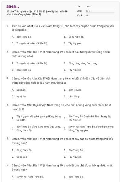 13 câu Trắc nghiệm Địa Lí 12 Bài 22 (có đáp án): Vấn đề phát triển nông nghiệp (Phần 4)