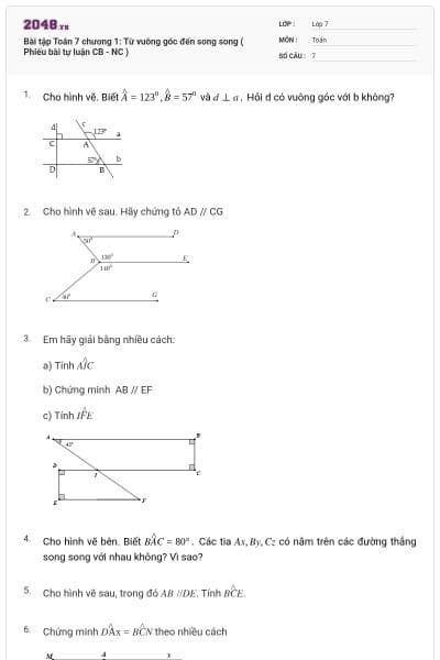Bài tập Toán 7 chương 1: Từ vuông góc đến song song ( Phiếu bài tự luận CB - NC )