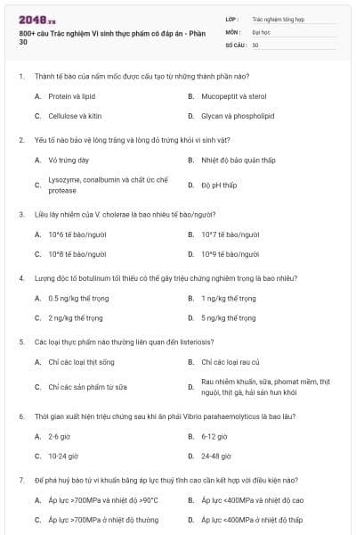 800+ câu Trắc nghiệm Vi sinh thực phẩm có đáp án - Phần 30