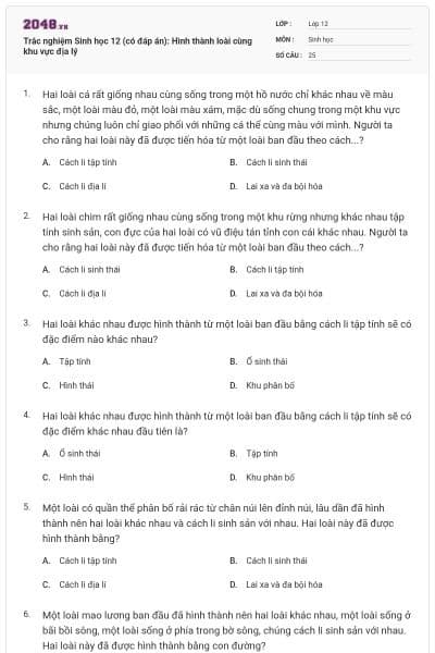 Trắc nghiệm Sinh học 12 (có đáp án): Hình thành loài cùng khu vực địa lý