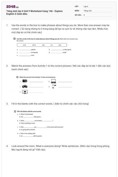 Tiếng Anh lớp 6 Unit 9 Worksheet trang 146 - Explore English 6 Cánh diều
