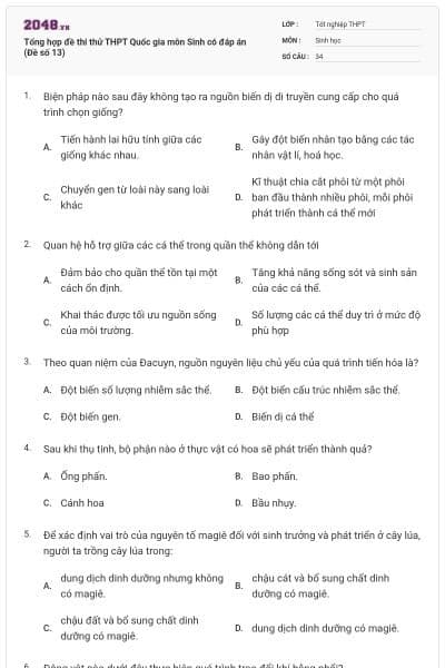 Tổng hợp đề thi thử THPT Quốc gia môn Sinh có đáp án (Đề số 13)