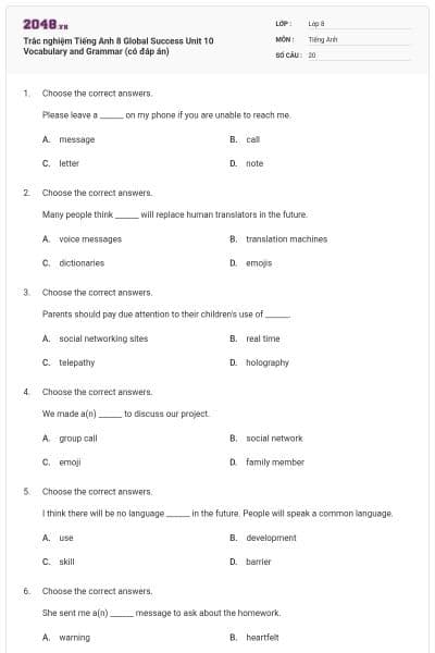 Trắc nghiệm Tiếng Anh 8 Global Success Unit 10 Vocabulary and Grammar (có đáp án)