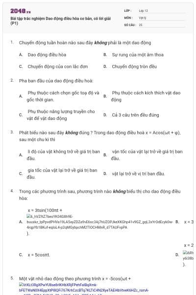Bài tập trắc nghiệm Dao động điều hòa cơ bản, có lời giải (P1)