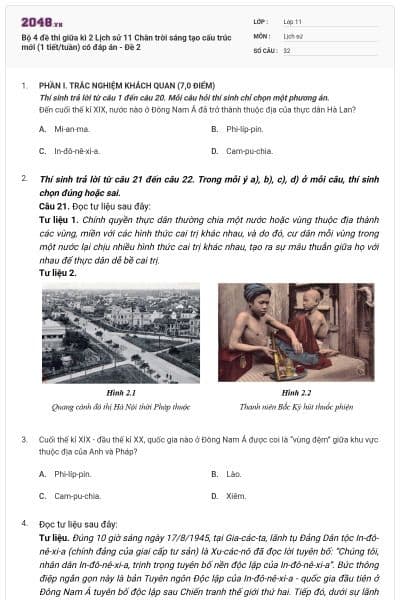 Bộ 4 đề thi giữa kì 2 Lịch sử 11 Chân trời sáng tạo cấu trúc mới (1 tiết/tuần) có đáp án - Đề 2