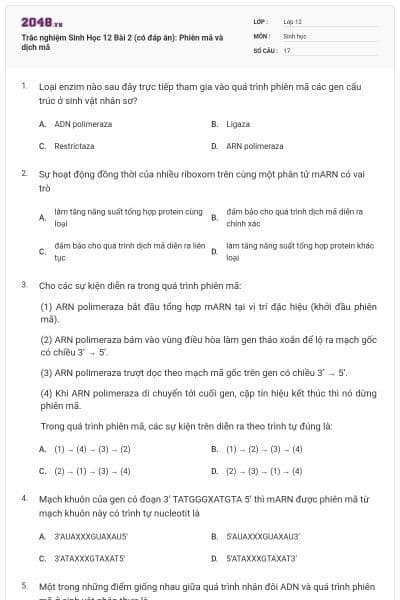 Trắc nghiệm Sinh Học 12 Bài 2 (có đáp án): Phiên mã và dịch mã