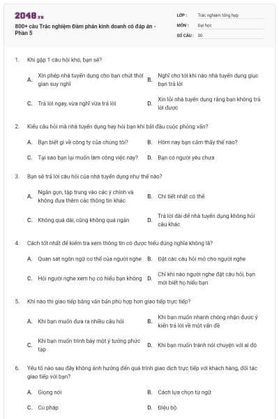 800+ câu Trắc nghiệm Đàm phán kinh doanh có đáp án - Phần 5