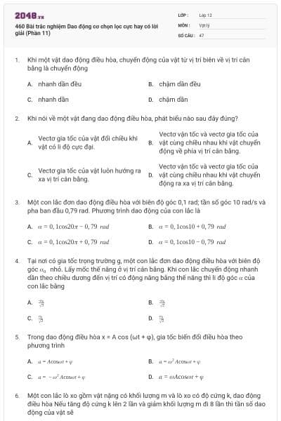 460 Bài trắc nghiệm Dao động cơ chọn lọc cực hay có lời giải (Phần 11)