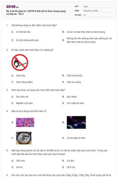 Bộ 4 đề thi giữa kì 1 KHTN 6 Kết nối tri thức (song song) có đáp án - Đề 2