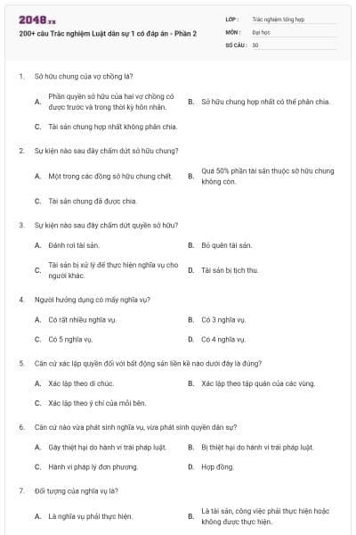 200+ câu Trắc nghiệm Luật dân sự 1 có đáp án -  Phần 2